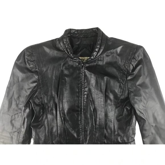 Berman's Womens Black 100% Leather Zip Up Motorcycle Bomber Jacket Size 12 - Picture 2 of 10
